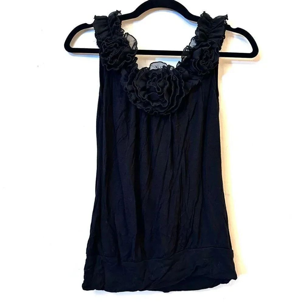 Moa Moa Applique Sheer Flower Rayon Blend Ruffle Top Black Size Medium